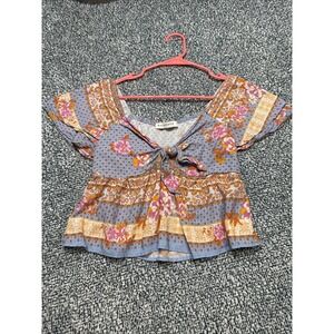 Rusttydustty Boho Floral Tie-Front Crop Blouse Blue Orange Size S